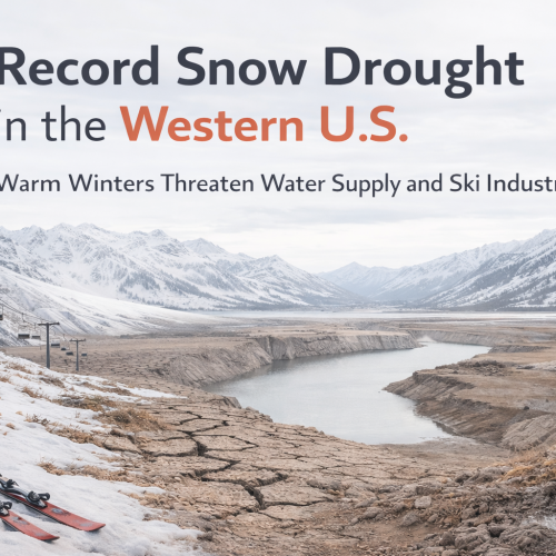 Minimalist landscape showing low snow levels in Western U.S. mountains, with exposed terrain, a depleted reservoir, and idle ski infrastructure, illustrating record snow drought conditions.