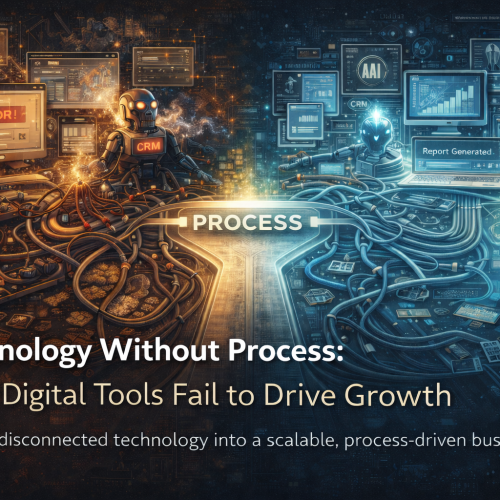 Illustration showing the contrast between chaotic technology without process and structured, process-driven digital systems enabling business growth