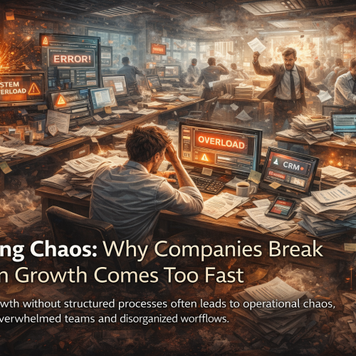 Illustration showing business growth turning into chaos due to lack of structured processes, contrasted with organized, scalable operations