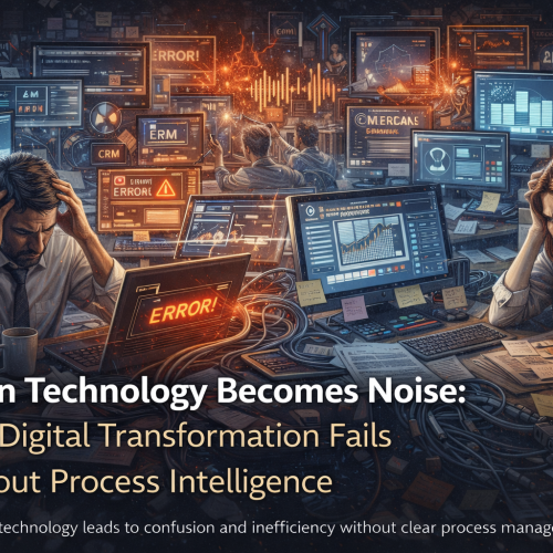 Overloaded digital workplace showing professionals overwhelmed by disconnected systems, errors, and chaotic dashboards, representing digital transformation failure without process intelligence.