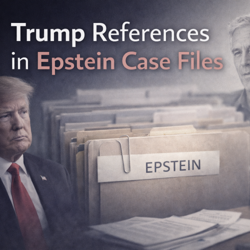 Trump and Epstein portrayed alongside confidential files representing references found in Epstein case documents