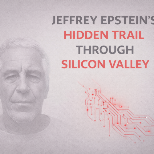 Minimalist editorial cover showing a faded grayscale portrait of Jeffrey Epstein alongside subtle red circuit lines symbolizing financial and technological connections in Silicon Valley.
